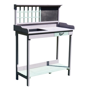 HOMCOM Pflanztisch Gärtnertisch Gartentisch Blumentisch mit Schublade und Wanne für den Garten Tannenholz Mintgrün + Grau 92 x 42,5 x 119,5 cm
