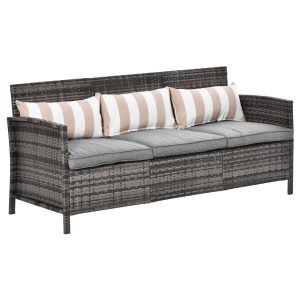 Outsunny Rattan Sofa mit Kissen, Dreisitzer, Garten Loungesofa, Stahl, Grau, 173 x 68 x 78 cm