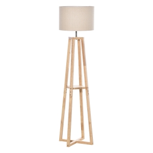HOMCOM Stehlampe Stehleuchte mit Regal Pedal-Schalter modern und prägnant für Wohnzimmer Schlafzimmer Büro Metall Leinen Gummiholz Cremeweiß+Naturholz 40 x 40 x 149 cm