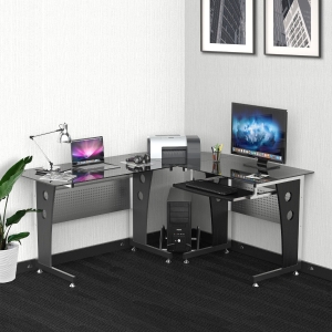 HOMCOM Computertisch Eckschreibtisch Schreibtisch Bürotisch PC Tisch mit schwarzem Sicherheitsglas L-förmig 164x139x75 cm