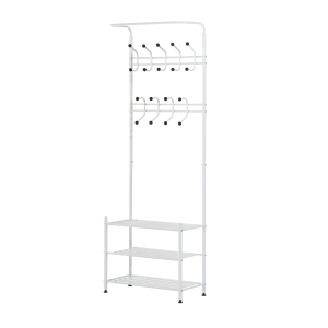 HOMCOM Kleiderständer 18 haken Wandgarderobe mit Schuhablage Metall Weiß L67 x B30 x H185 cm