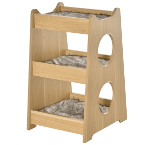 PawHut Katzenbett dreiistöckiges Katzenhaus mit Löcher weichen Kissen Polyester MDF Natur+Weiß+Grau 50 x 43 x 74 cm