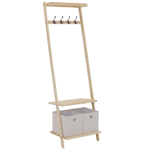 HOMCOM Perchero Zapatero de Madera contra la Pared con 3 Estantes 2 Cajones de Tela y 4 Ganchos para Colgar Ropa Bolsas para Recibidor Entrada Salón 55x37x173 cm Natural