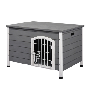 PawHut Hundehütte Hundehaus mit Tür Hundebox Gitterbox TransportKäfig für Katzen Hasen Grau Tanne 80x55x53,5 cm