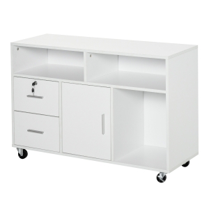 HOMCOM Bürocontainer mit Rollen, Aktenschrank, Büroschrank, Druckertisch mit 2 Schubladen, Aufbewahrung von Akten, Spanplatte, Weiß, 100 x 35 x 65 cm