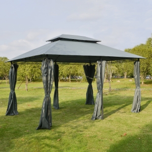 Outsunny 10 x 13ft Outdoor 2 Tier Steel Frame Gazebo with Curtains Black Grey
