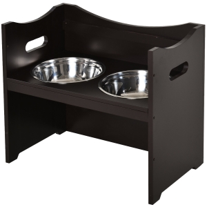PawHut Höhenverstellbarer Hunde Fressnapf, Futterstation, Edelstahlnapf, Katzenapf, MDF, Edelstahl, Dunkelbraun, 54 x 31,5 x 47