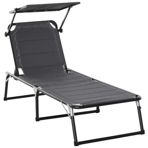 Outsunny Gartenliege Alu Sonnenliege mit Dach Stoffliege Relaxliege 5-fach verstellbar faltbar ergonomisch Texteline Dunkelgrau 164 x 66 x 84,5 cm