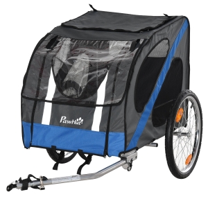 PawHut Hundeanhänger Fahrradanhänger Hundetransporter geländegängig Hunde Fahrrad Anhänger Wetterfestes Oxford-Gewebe Stahlrahmen 145 x 80 x 80 cm Grau+Blau