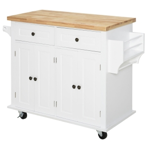 HOMCOM Küchenschrank mit Rollen Schublade und verstellbares Regal Gummiholz MDF Spanplatte Weiß 111 x 44,5 x 82,5 cm