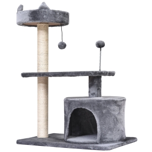 PawHut Katzenbaum mit Hängebett, 3-Stock Kratzbaum, Katzenhöhle, Katzenhaus mit Spielbällen, mit Sisalsäule und Kratzbrett, Plüsch Grau 61 x 41 x 81 cm
