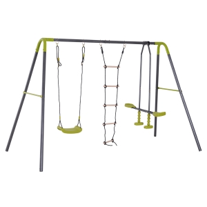 HOMCOM Kinderschaukel Gartenschaukel Schaukelgerüst Schaukelset mit Metallgestell Kletterseilleiter Wippe 3-10 Jahre bis 3 Kinder