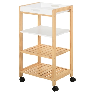 HOMCOM Küchenwagen, Küchenrollwagen, Servierwagen mit Ablage, Abnehmbares Tablett Kiefer Weiß+Natur 40 x 30 x 76 cm