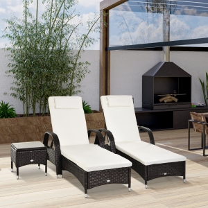 Outsunny 2 Seat Rattan Reclining Sun Lounger with Side Table Set Brown