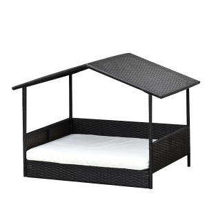 PawHut® Rattan Hundehaus Hundebett mit Kissen Hausform Outdoor Hundehütte Stahlrahmen PP