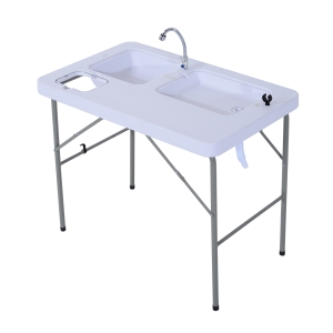 Outsunny® Mesa Plegable Multifuncional 2 en 1 Mesa+Estación de Limpieza Mesa de Picnic con Grifo y 2 Fregaderos para Pesca Jardín Camping Barbacoa Exteriores 101x66x81cm