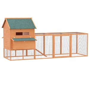 PawHut Gallinero de Exterior Madera Jaula para Gallinas Pollos con Recinto Corredor 2 Nidos y Bandeja Extraíble para Jardín 347x160x150 cm Naranja