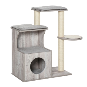 PawHut Kratzbaum mit Katzenhöhle Katzenbaum Kletterbaum für Katzen E1 MDF Sisal Grau 66 x 38 x 88 cm