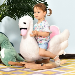 HOMCOM Kinder Schaukelpferd Baby Schaukeltier Schwan mit Musik Spielzeug Haltegriffe ab 18 Monate Plüsch Rosa+Weiß 60x32x55 cm