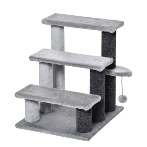 PawHut Haustiertreppe mit Ball 3-stufige Katzentreppe Hundetreppe Tiertreppe Spanplatte Plüsch Grau 45 x 40 x 48 cm