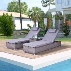 Outsunny PE Rattan 2-Seater Outdoor Garden Sun Lounger Set w/ Side Table Grey
