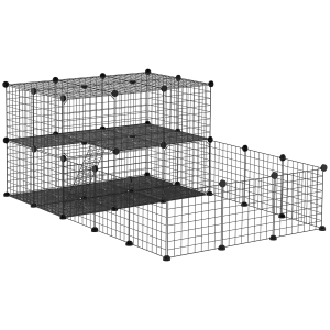 PawHut Freigehege aus Metall DIY Kleintierauslauf 2-stöckig Kleintierkäfig mit Tür und Leiter für Chinchilla Kaninchen Meerschweinchen 33 Platten Metallgitter Schwarz 175 x 105 x 70 cm