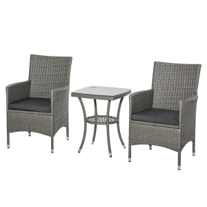 Outsunny Gartensitzgruppe mit Beistelltisch, 3-tlg. Rattan Gartenset, Sitzgarnitur mit Sitzkissen, Polyrattan + Stahl, Grau 60 x 58,5 x 89,5 cm