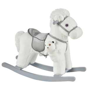HOMCOM Kinder Schaukelpferd Baby Schaukeltier mit Tiergeräusche Spielzeug Haltegriffe für 18-36 Monate Plüsch Weiß 65 x 26 x 55 cm