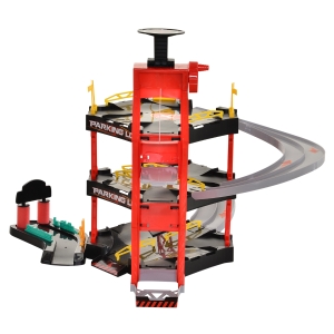 HOMCOM Rennbahn Kinder Autorennbahn Parkgarage für Spielzeugautos Dreistufig großes 55-Teilig Spielset mit Hubschrauber Rot+Schwarz 62x52x51 cm