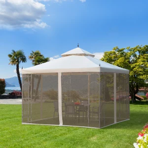 Outsunny Garden Gazebo with Double Top, 300x300cm, Outdoor Canopy Patio Event Party Tent, Backyard Sun Shade, Mesh Curtain, Beige