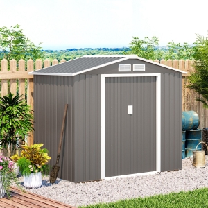 Outsunny 7ft x 4ft Lockable Metal Garden Tool Storage Shed Storage w/ Air Vents Grey
