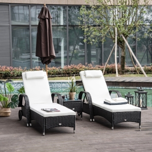 Outsunny 2 Seater Rattan Sun Lounger Set with Side Table Black