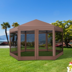 Outsunny Hexagonal Mosquito Netted Metal Frame Gazebo Patio Party Outdoor Canopy Tent Sun Shelter Brown