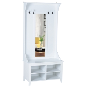 HOMCOM Garderobenständer mit Sitzbank Garderobenset Flurgaderobe 3-in-1 mit Schuhschrank Wandspiegel 4 Haken Weiß 80 x 40 x 170 cm