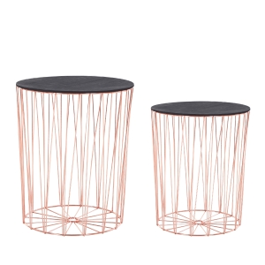 HOMCOM Beistelltisch mit Stauraum, 2er Set, Metall Korb mit Holzdeckel, Nachttisch, Rosa Gold, Ø40,7 x 49,5 cm, Ø33,8 x 40,8 cm