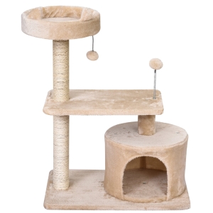 PawHut Katzenbaum mit Hängebett, 3-Stock Kratzbaum, Katzenhöhle, Katzenhaus mit Spielbällen, mit Sisalsäule und Kratzbrett, Plüsch Beige 61 x 41 x 81 cm