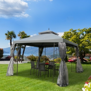 Outsunny 3 x 3(m) Garden Gazebo Double Top Canopy w/ Mesh Curtains Sun Shade Grey
