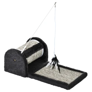 PawHut Cat Scratching Mat with Sisal Pad, Kitten Play Toy with Roller and Feather Teaser, 44 x 24 x 16 cm, Grey