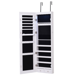 HOMCOM Schmuckschrank Spiegelschrank Wandschrank mit LED Wand-/Türmontage MDF Weiß 37 x 120 x 10 cm
