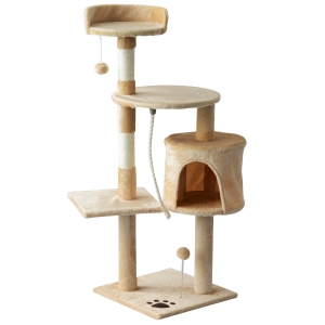 PawHut Katzenbaum Kratzbaum Schlafhöhle Kletterbaum mit Spielbaum Treppe Schlafplatz für Katzen 4 Schichte Beige 40 x 40 x 114 cm