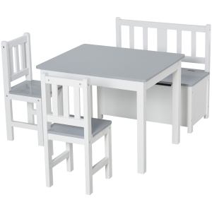 HOMCOM Kindersitzgruppe mit Kindermöbel Kindertisch Kinderstuhl Kinderbank für 3+ Jahre Kinder Kiefernholz MDF Grau+Weiß