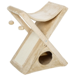 PawHut Katzenturm Kratzbaum Katzenbaum mit Höhle und Hängematte Sisal Plüsch Spanplatte Beige 54,5 x 32 x 65 cm