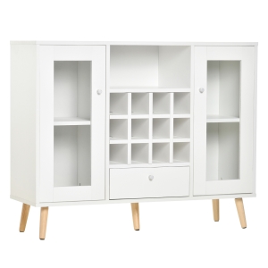 HOMCOM Küchenschrank Sideboard küchenmöbel mit Glastüren Schublade und 12-Flaschen Weinregal für Wohnzimmer und Küche Spanplatte Hartholz Weiß 100 x 33 x 80 cm