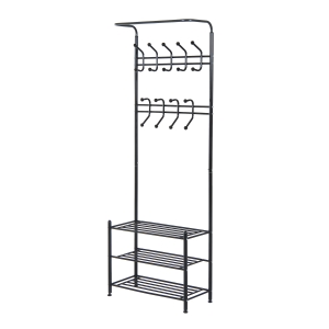 HOMCOM Kleiderständer 18 haken Wandgarderobe mit Schuhablage Metall Schwarz L67 x B30 x H185 cm