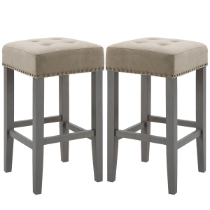 HOMCOM 2er-Set Barhocker Esszimmerhocker mit Fußstütze atmungsaktiv Polyester-Gewebe Gummiholz Schaumstoff Grau 38,5 x 38,5 x 69,5 cm
