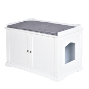 PawHut Katzenschrank Katzentoilette Katzenklo Katzenhaus Katzenbett mit magnetischen Türen verstellbaren Trennwände MDF Kurzplüsch Weiß+Grau 95,3 x 54 x 63 cm