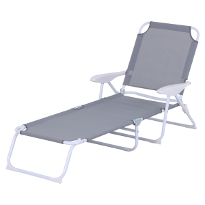 Outsunny Liegestuhl, Sonnenliege, Klappbare Strandliege, 4-stufige Gartenliege, Netzstoff, Grau, 160 x 66 x 80 cm