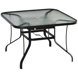Outsunny Mesa de Cristal de Jardim com Orifício para Chapéu de Sol Mesa Quadrada de Exterior Terraço Varanda com Estrutura de Aço 106,5x106,5x71cm Transparente e Preto