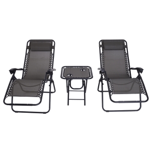 Outsunny Set de 2 Sillas de Gravedad Cero Plegables 90x65x110 cm y Mesa Auxiliar 50x50x50 cm con 2 Portavasos Sillas Reclinables con Reposacabezas para Jardín Terraza Gris