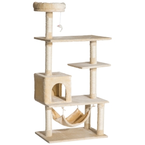 PawHut Árbol Rascador para Gatos Rascador de Gatos Barato con Múltiples Plataformas Juguete Colgante Cueva Espaciosa Hamaca Suave Postes Rascadores para Gatos Dormir y Jugar 70x40x152 cm Beige